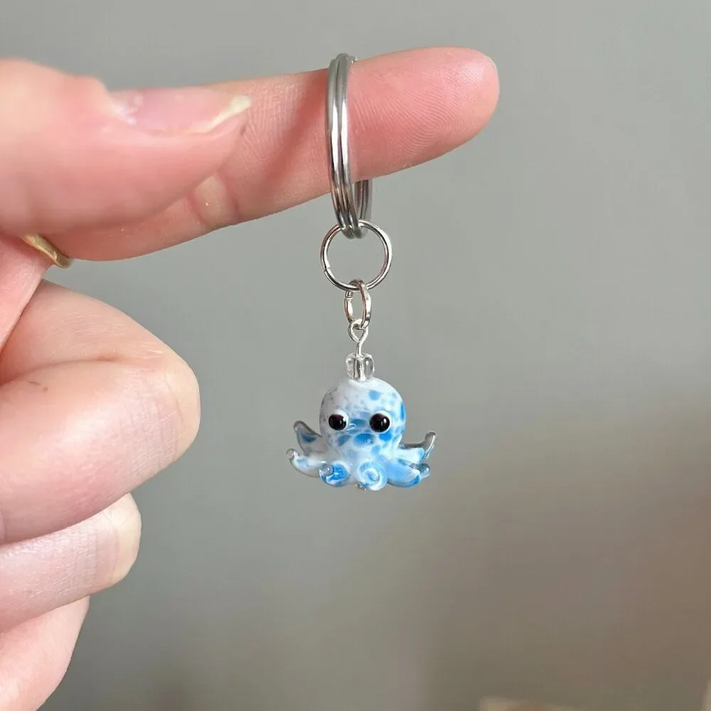 White and Blue Spotted Octopus / Squid Key Chain